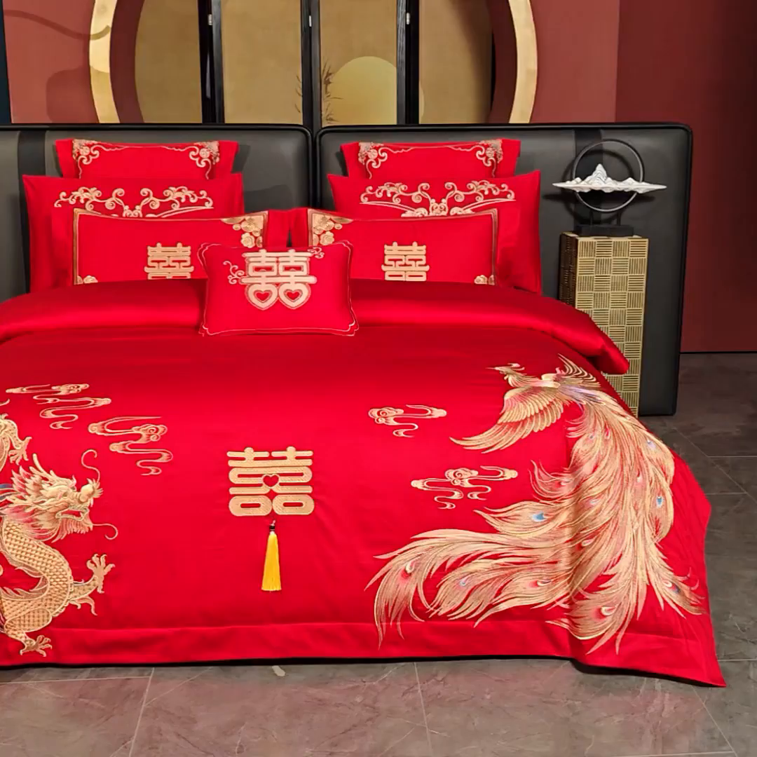 91家纺网 家纺一手货源 找家纺 博之洋婚庆 2026新款全棉长绒棉刺绣婚庆四件套多件套 喜迎龙凤-金