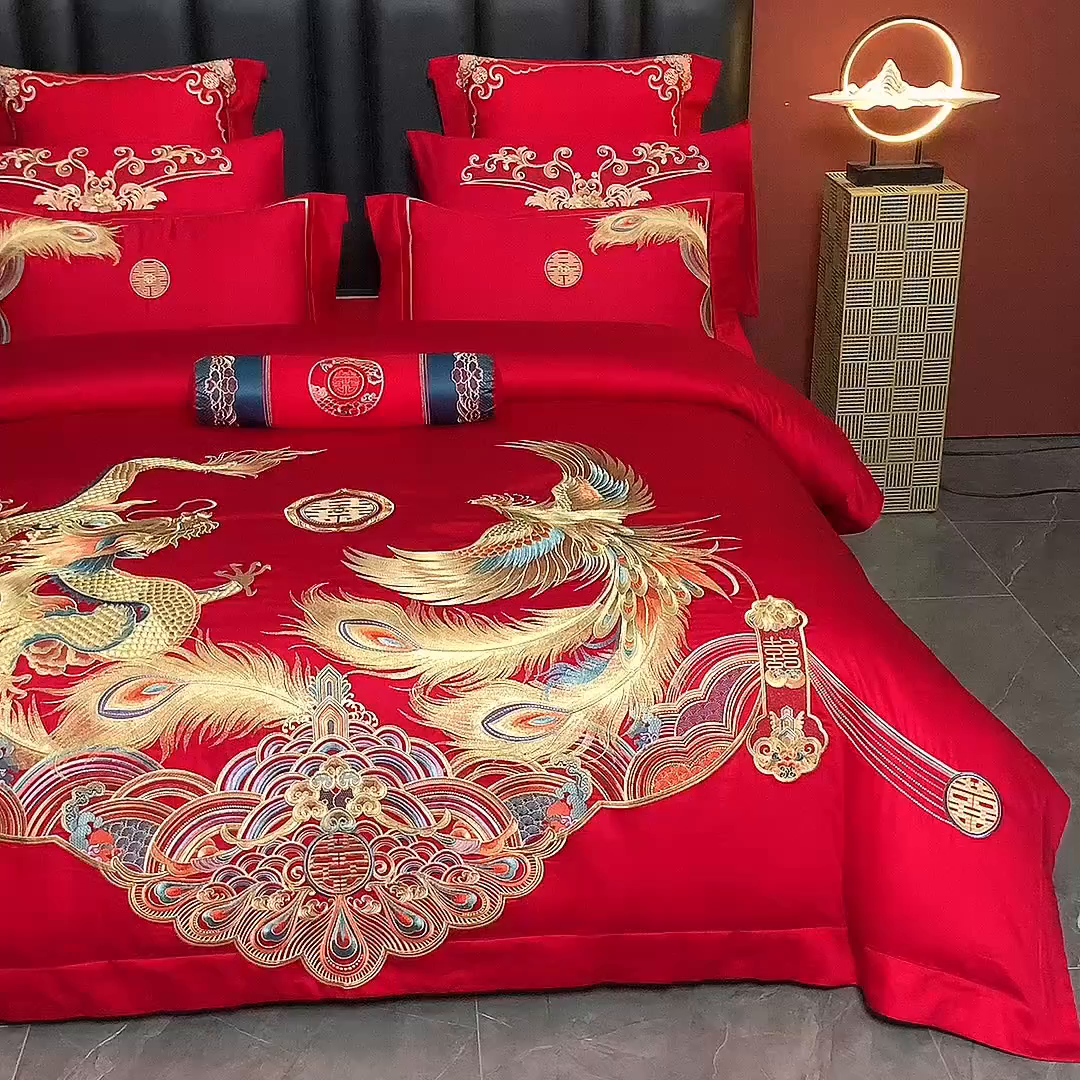 91家纺网 家纺一手货源 找家纺 博之洋婚庆 2026新款全棉长绒棉刺绣婚庆四件套多件套 龙凤之恋