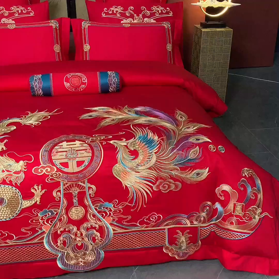 91家纺网 家纺一手货源 找家纺 博之洋婚庆 2026新款全棉长绒棉刺绣婚庆四件套多件套 瑞丽龙凤