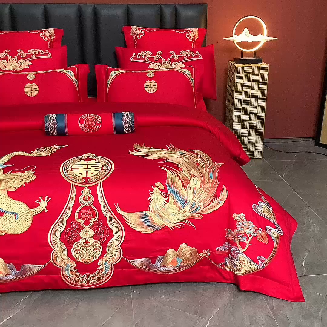 91家纺网 家纺一手货源 找家纺 博之洋婚庆 2026新款全棉长绒棉刺绣婚庆四件套多件套 龙凤传奇