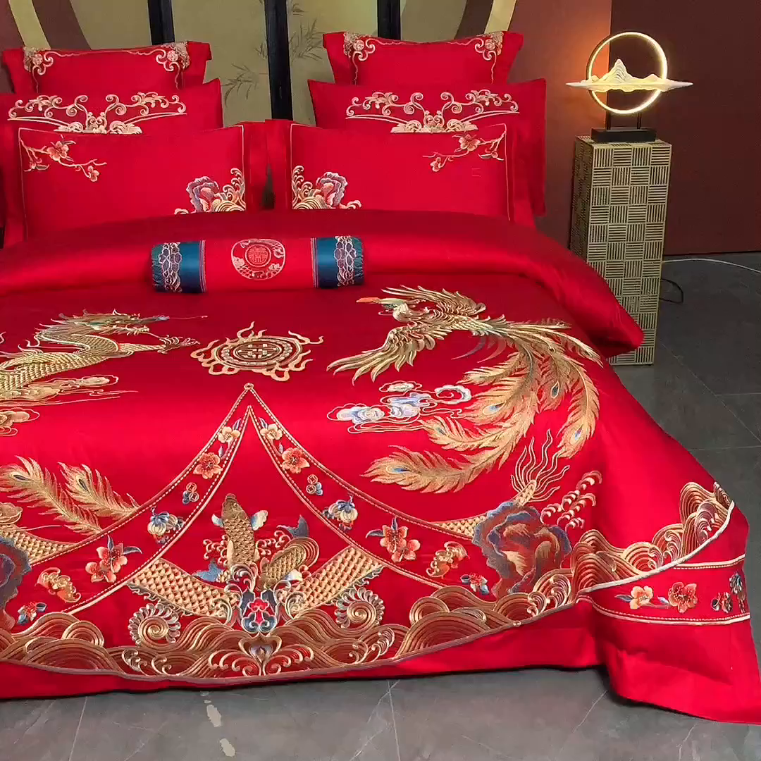 91家纺网 家纺一手货源 找家纺 博之洋婚庆 2026新款全棉长绒棉刺绣婚庆四件套多件套 江山如画