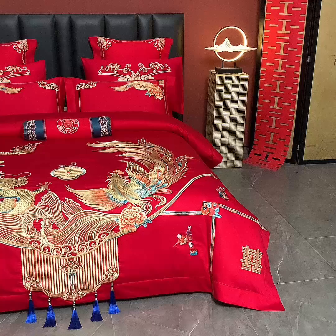 91家纺网 家纺一手货源 找家纺 博之洋婚庆 2026新款全棉长绒棉刺绣婚庆四件套多件套 龙凤喜韵