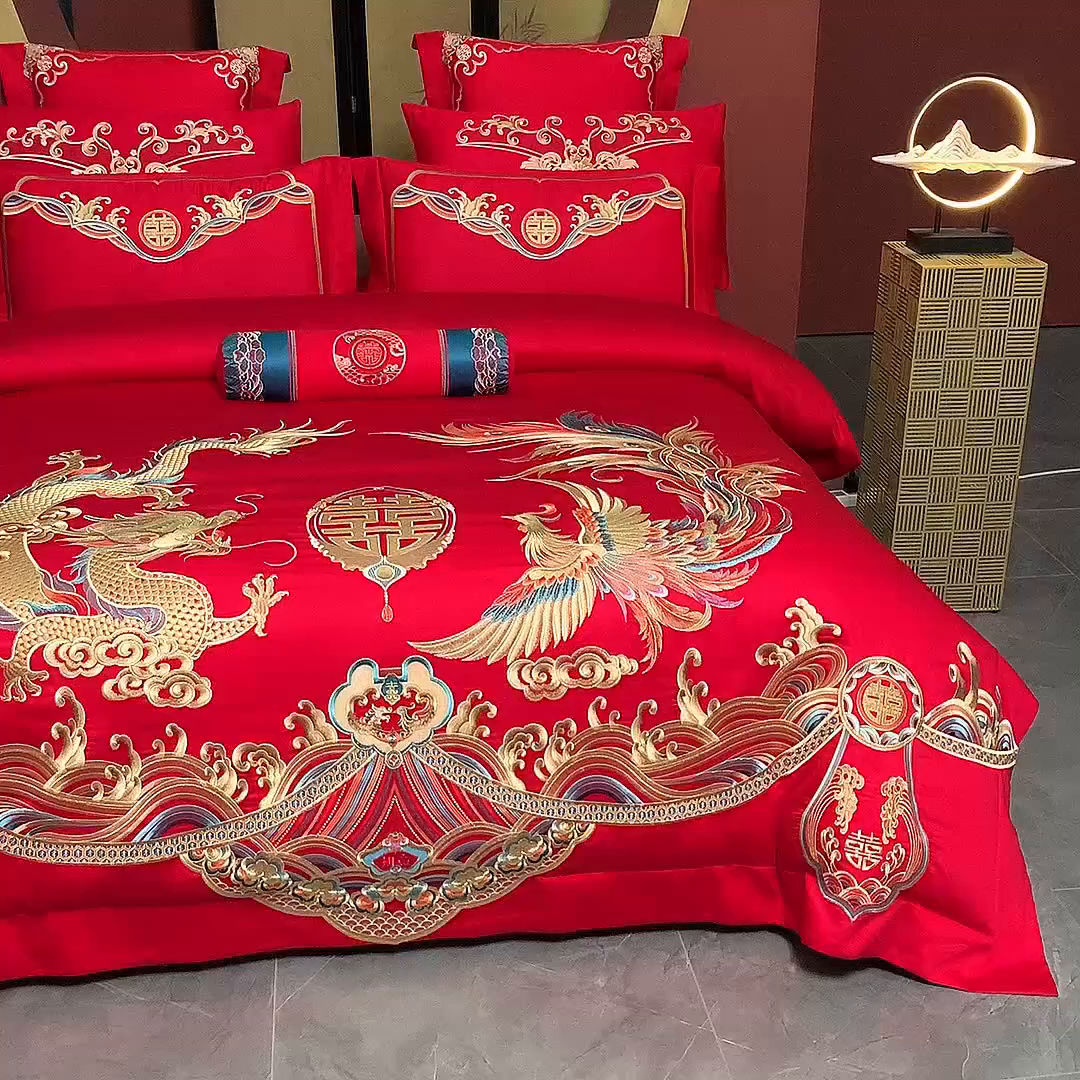 91家纺网 家纺一手货源 找家纺 博之洋婚庆 2026新款全棉长绒棉刺绣婚庆四件套多件套 九五至尊-金