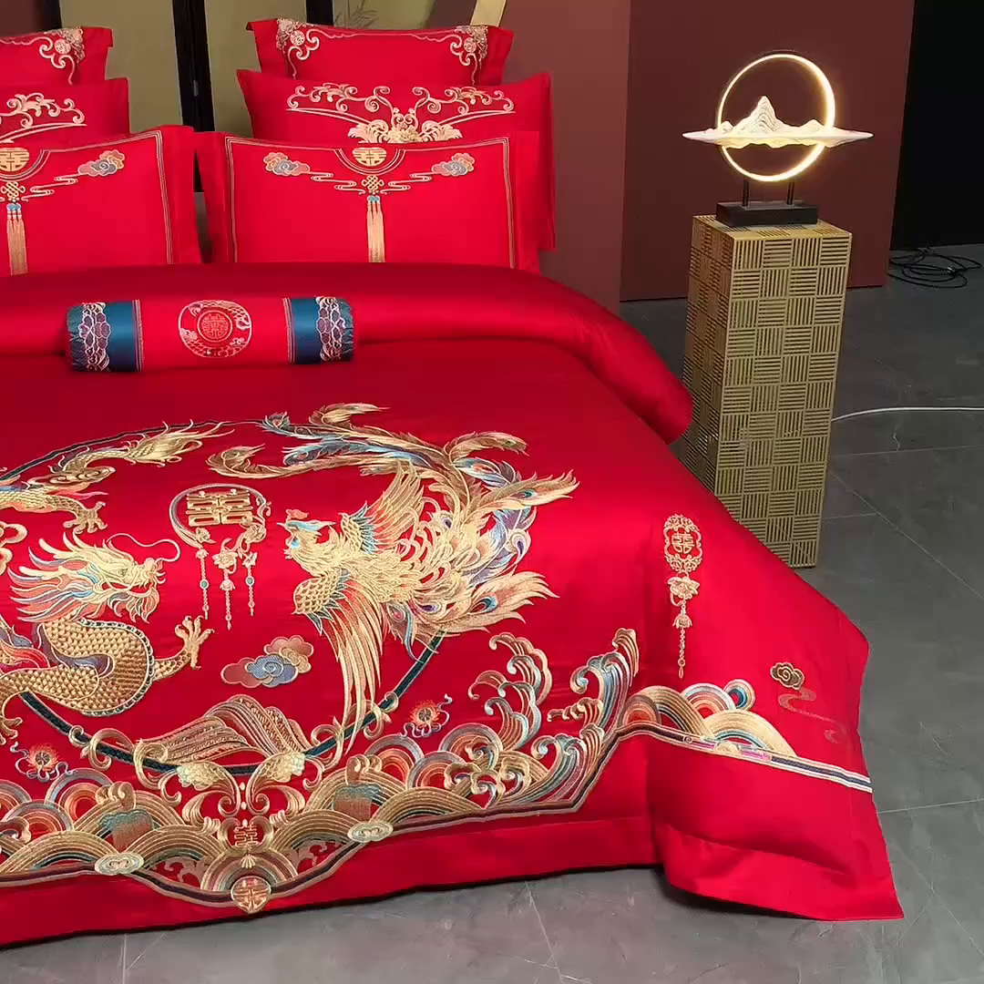 91家纺网 家纺一手货源 找家纺 博之洋婚庆 2026新款全棉长绒棉刺绣婚庆四件套多件套 富丽堂皇