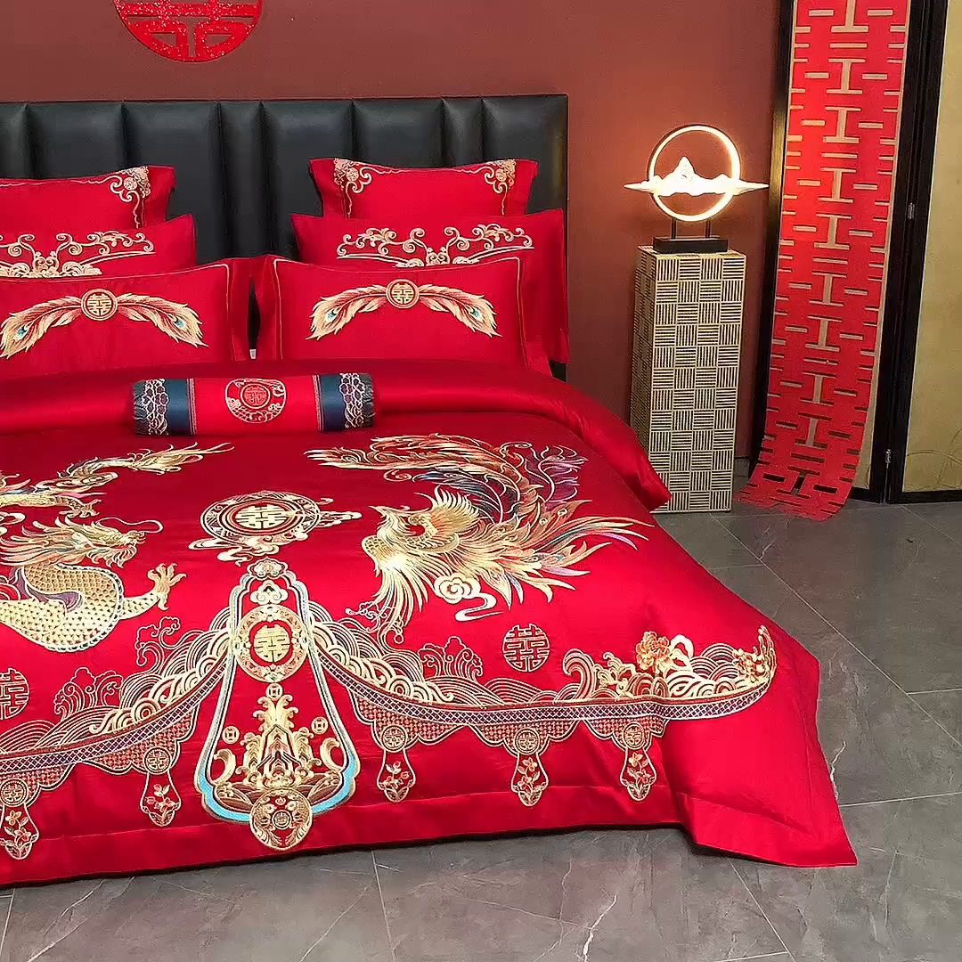 91家纺网 家纺一手货源 找家纺 博之洋婚庆 2026新款全棉长绒棉刺绣婚庆四件套多件套 龙凤传承