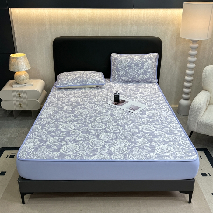 91家纺网 家纺一手货源 找家纺 伊人坊 2026新款A类550克凉感提花值过0.21冰豆豆家用凉席子三件套夏季---床笠款 玫瑰-蓝紫