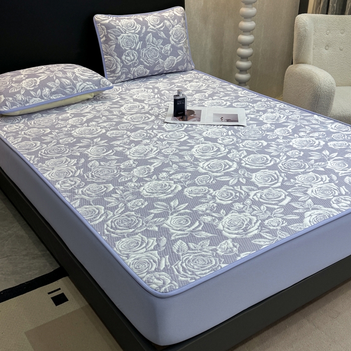 91家纺网 家纺一手货源 找家纺 伊人坊 2026新款A类550克凉感提花值过0.21冰豆豆家用凉席子三件套夏季---床笠款 玫瑰-蓝紫