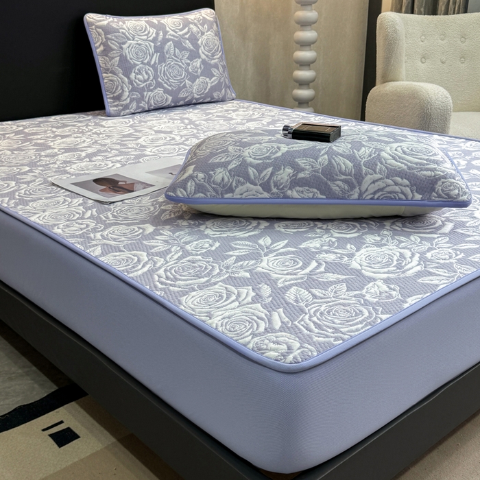 91家纺网 家纺一手货源 找家纺 伊人坊 2026新款A类550克凉感提花值过0.21冰豆豆家用凉席子三件套夏季---床笠款 玫瑰-蓝紫