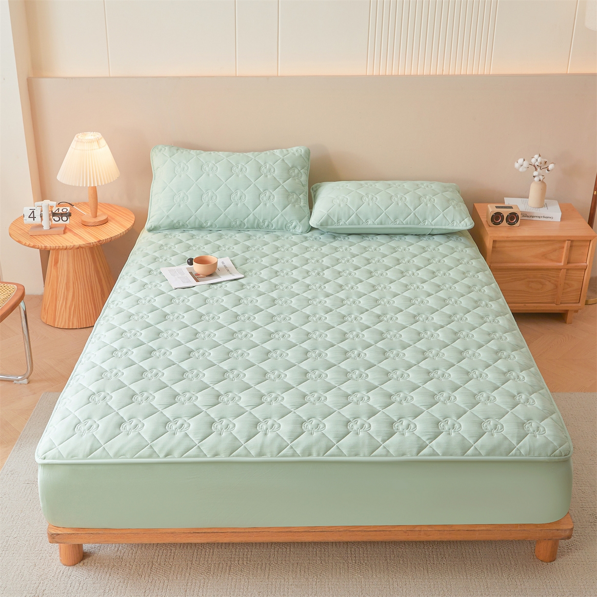 91家纺网 家纺一手货源 找家纺 柔品 2026新款牛奶棉新疆棉花夹棉床笠 新疆棉花-青绿