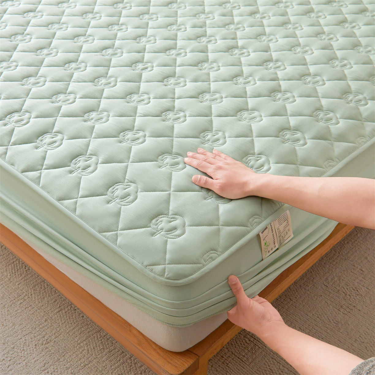 91家纺网 家纺一手货源 找家纺 柔品 2026新款牛奶棉新疆棉花夹棉床笠 新疆棉花-青绿