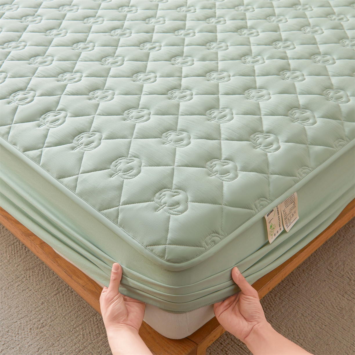 91家纺网 家纺一手货源 找家纺 柔品 2026新款牛奶棉新疆棉花夹棉床笠 新疆棉花-青绿