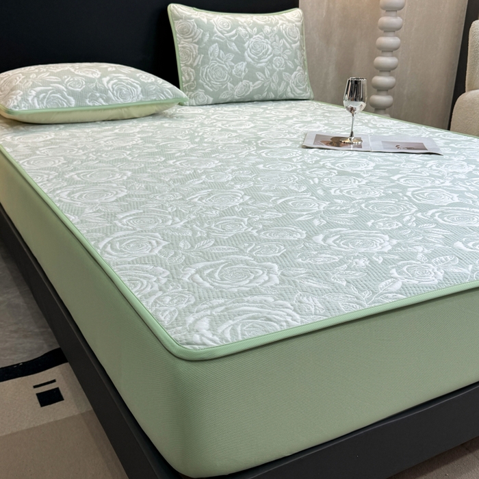 91家纺网 家纺一手货源 找家纺 伊人坊 2026新款A类550克凉感提花值过0.21冰豆豆家用凉席子三件套夏季---床笠款 玫瑰-绿