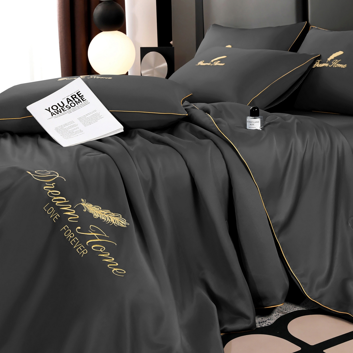 91家纺网 家纺一手货源 找家纺 维娜斯家纺 2026新款绣花冰丝夏被四件套 灰色