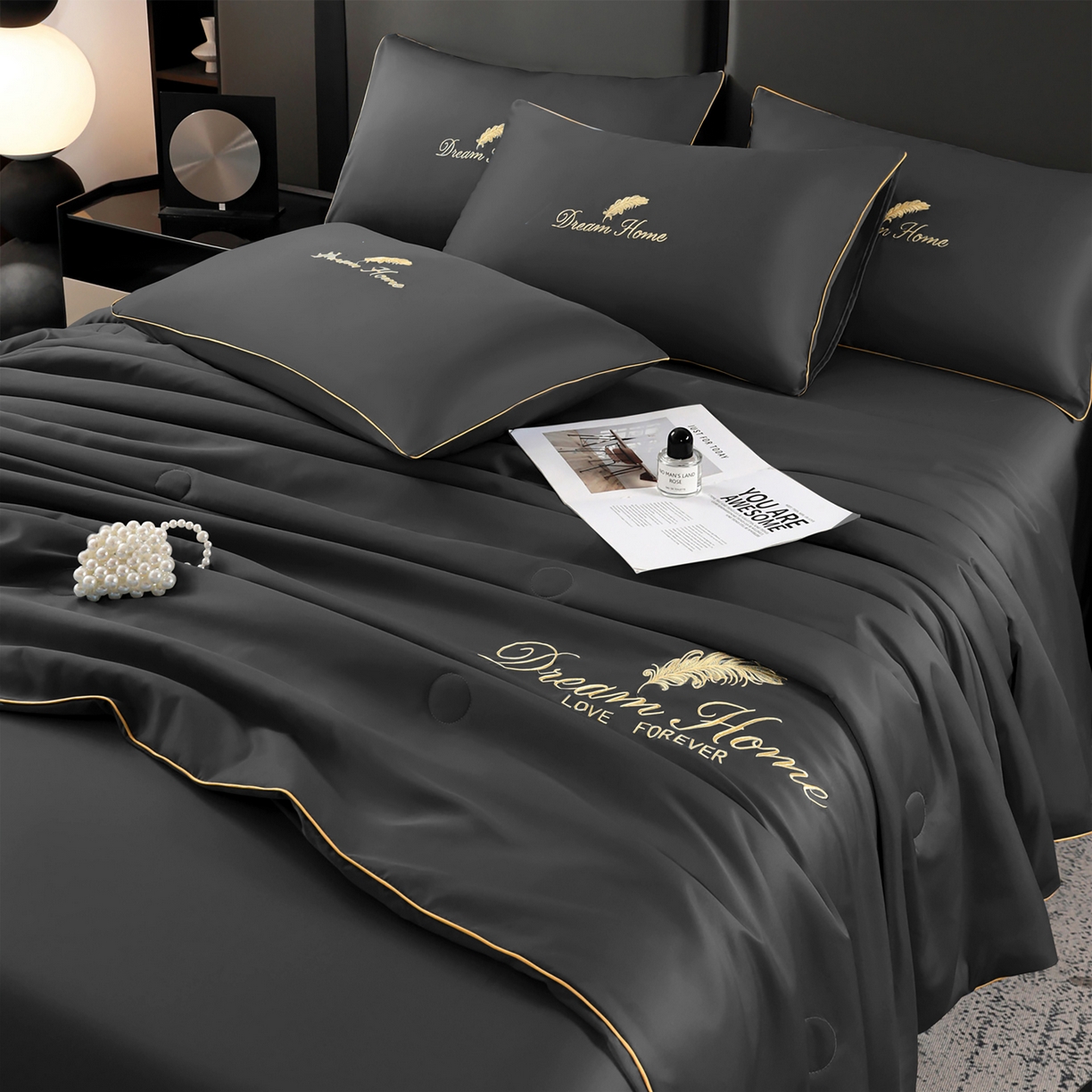 91家纺网 家纺一手货源 找家纺 维娜斯家纺 2026新款绣花冰丝夏被四件套 灰色