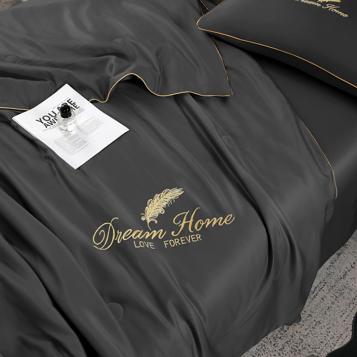 91家纺网 家纺一手货源 找家纺 维娜斯家纺 2026新款绣花冰丝夏被四件套 灰色