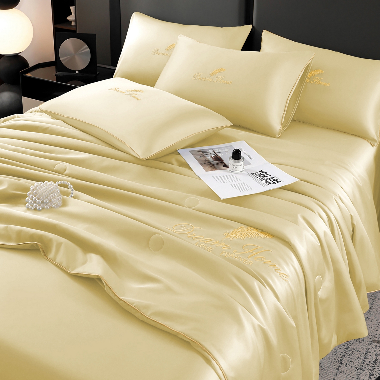 91家纺网 家纺一手货源 找家纺 维娜斯家纺 2026新款绣花冰丝夏被四件套 米色