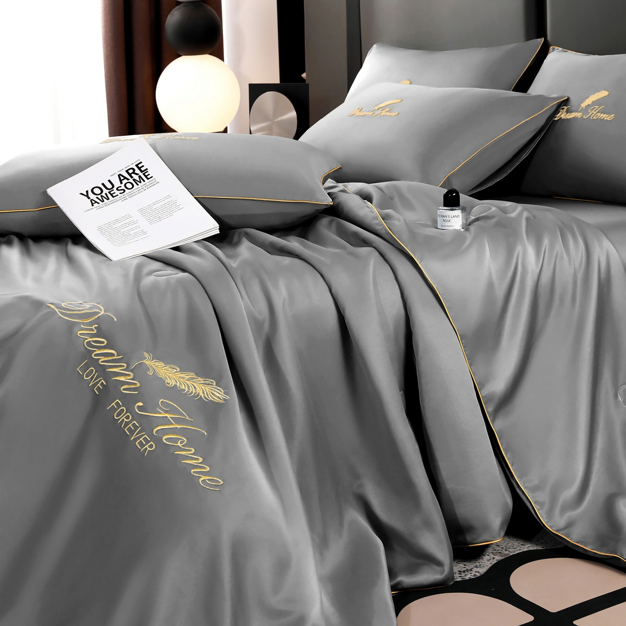 91家纺网 家纺一手货源 找家纺 维娜斯家纺 2026新款绣花冰丝夏被四件套 浅灰