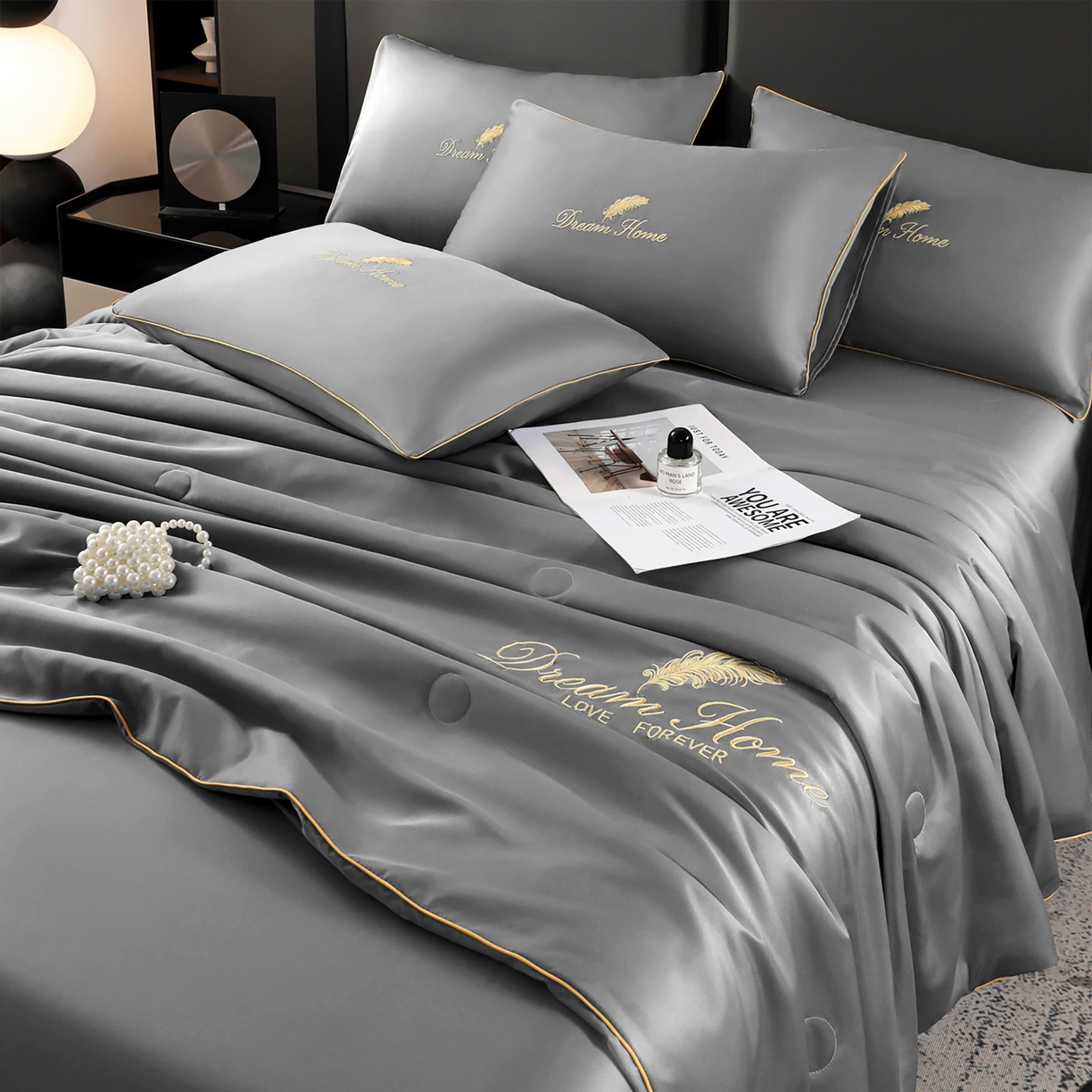 91家纺网 家纺一手货源 找家纺 维娜斯家纺 2026新款绣花冰丝夏被四件套 浅灰