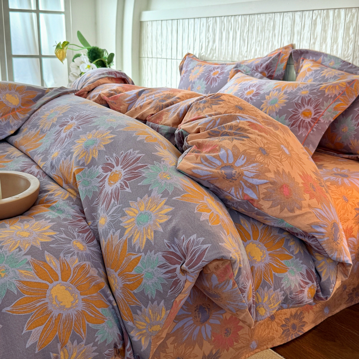 91家纺网 家纺一手货源 找家纺 棠颂家纺 2026新款原棉中古风色织双层纱四件套 向阳而生