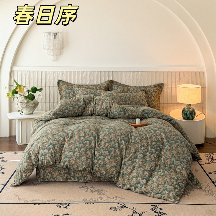 91家纺网 家纺一手货源 找家纺 棠颂家纺 2026新款原棉中古风色织双层纱四件套 春日序