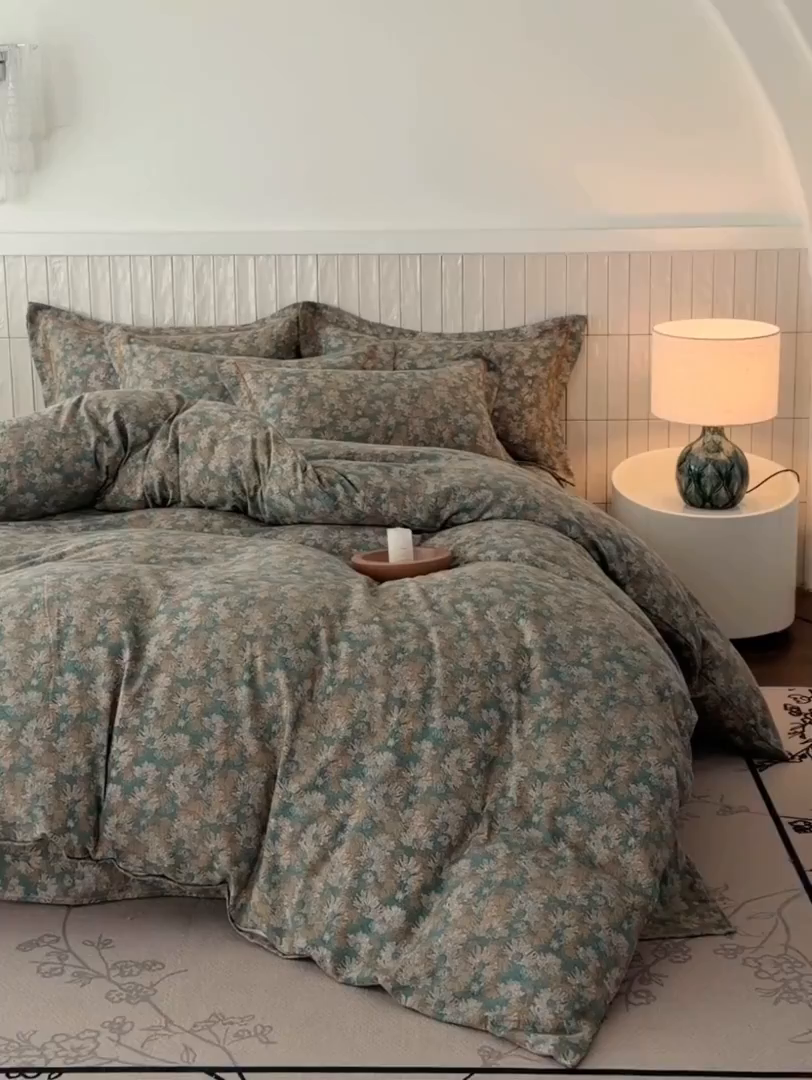 91家纺网 家纺一手货源 找家纺 棠颂家纺 2026新款原棉中古风色织双层纱四件套 春日序