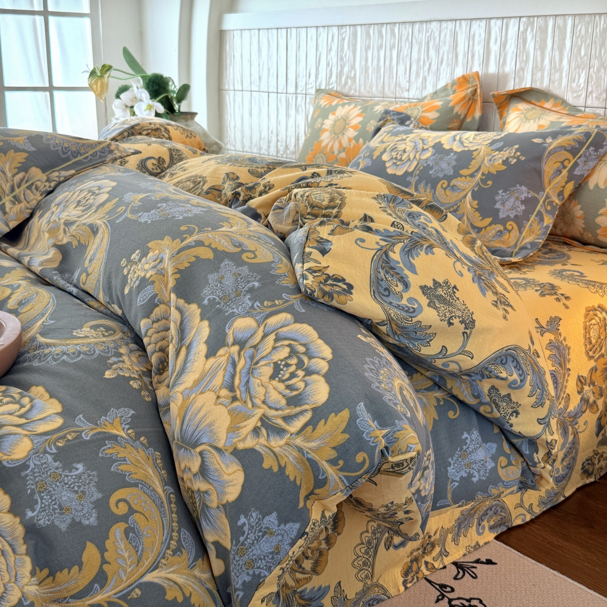 91家纺网 家纺一手货源 找家纺 棠颂家纺 2026新款原棉中古风色织双层纱四件套 金玉满堂