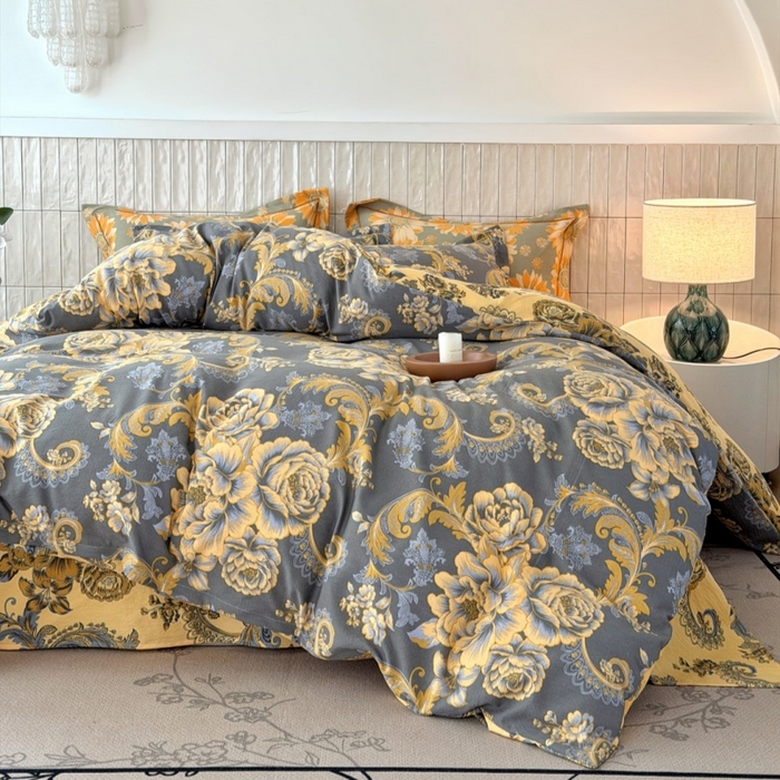 91家纺网 家纺一手货源 找家纺 棠颂家纺 2026新款原棉中古风色织双层纱四件套 金玉满堂