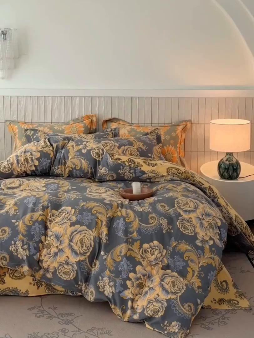 91家纺网 家纺一手货源 找家纺 棠颂家纺 2026新款原棉中古风色织双层纱四件套 金玉满堂