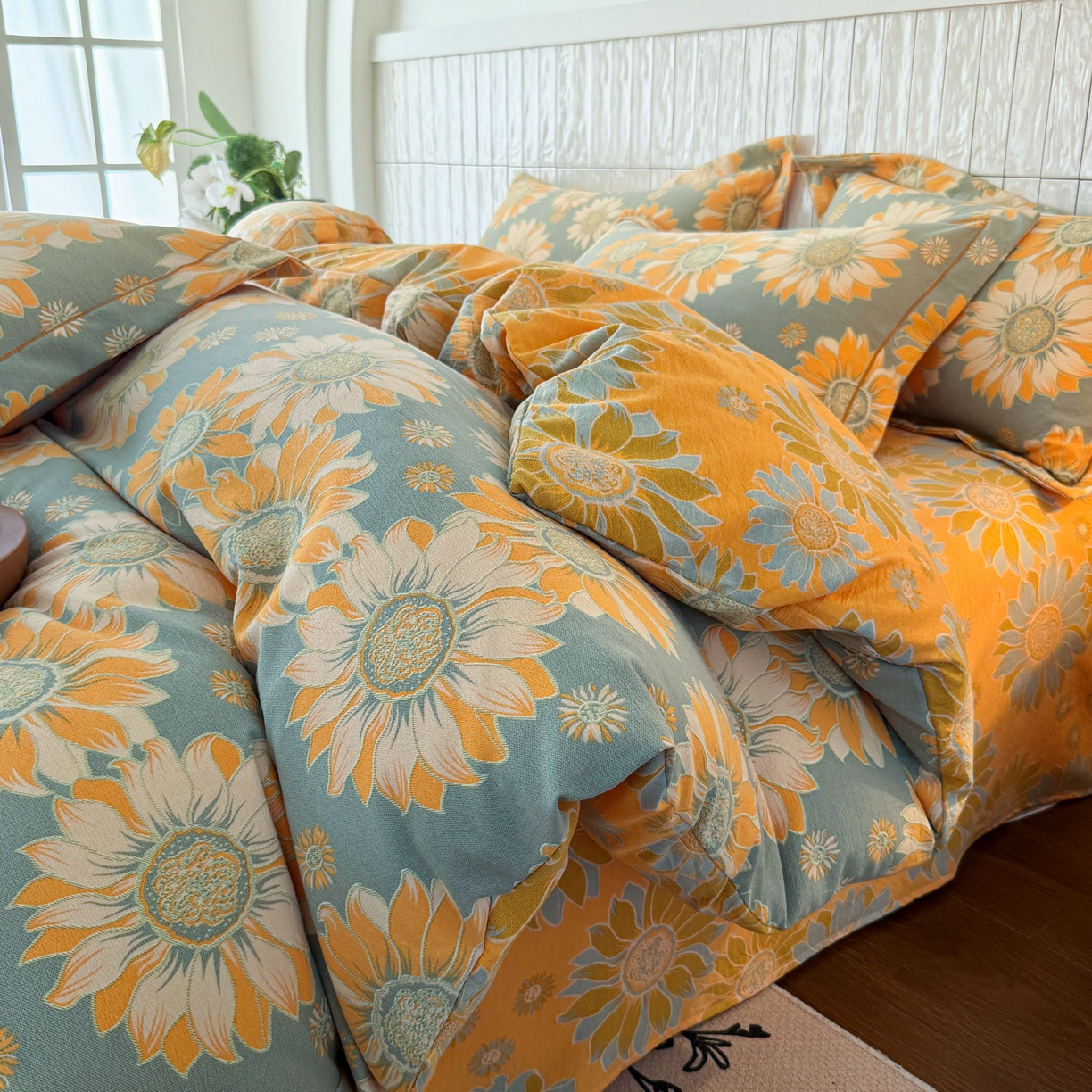 91家纺网 家纺一手货源 找家纺 棠颂家纺 2026新款原棉中古风色织双层纱四件套 金盏凝阳