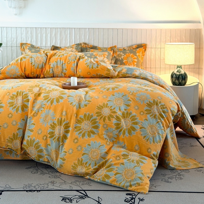 91家纺网 家纺一手货源 找家纺 棠颂家纺 2026新款原棉中古风色织双层纱四件套 金盏凝阳