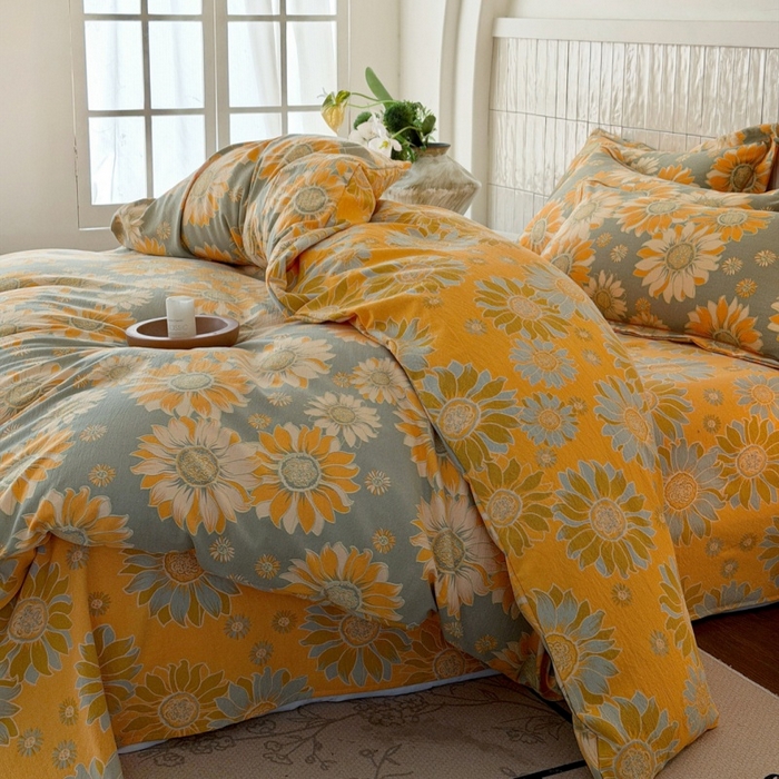 91家纺网 家纺一手货源 找家纺 棠颂家纺 2026新款原棉中古风色织双层纱四件套 金盏凝阳