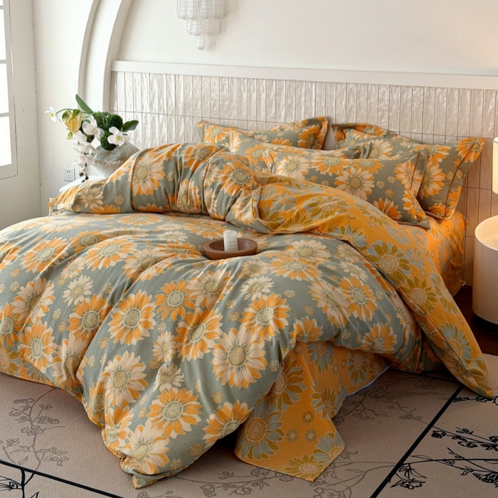 91家纺网 家纺一手货源 找家纺 棠颂家纺 2026新款原棉中古风色织双层纱四件套 金盏凝阳