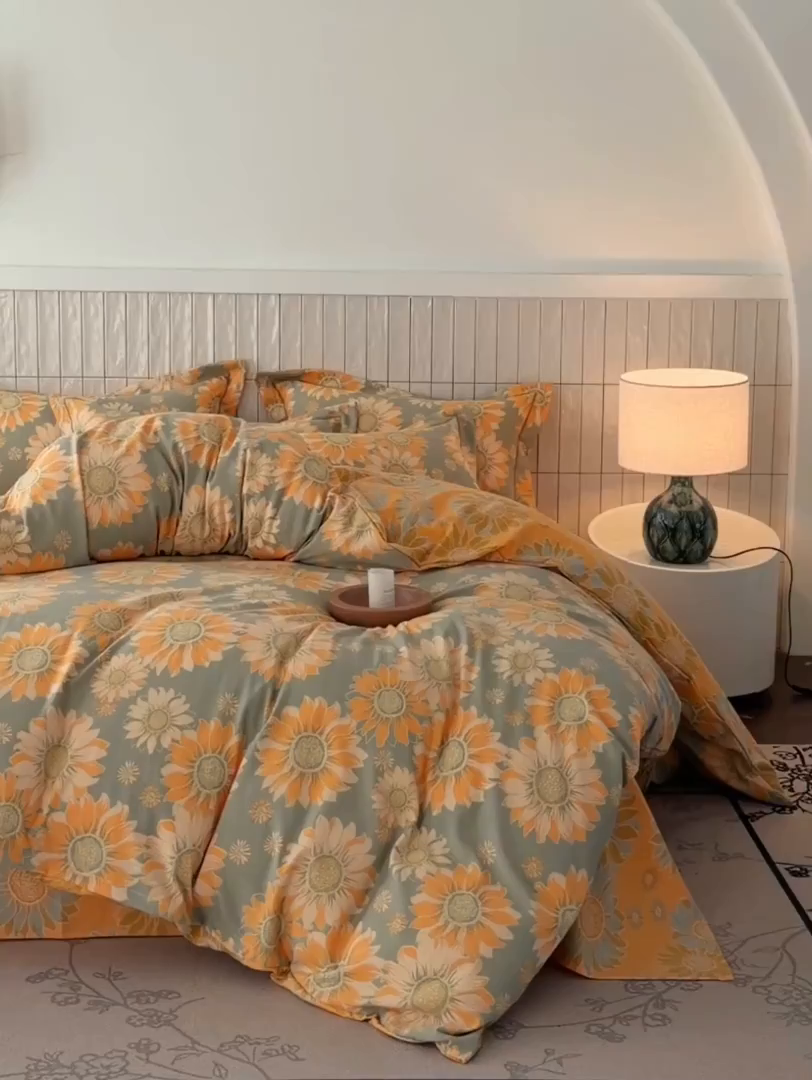 91家纺网 家纺一手货源 找家纺 棠颂家纺 2026新款原棉中古风色织双层纱四件套 金盏凝阳