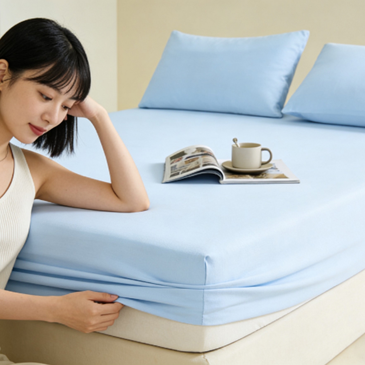 91家纺网 家纺一手货源 找家纺 LADYCOCO可可家居 2026新款锦纶凉感床笠三件套 浅蓝