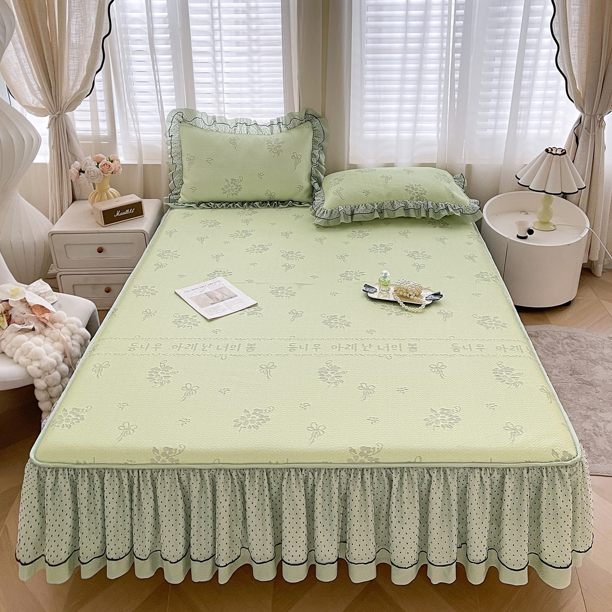 91家纺网 家纺一手货源 找家纺 眠势力 2026新款冰豆豆床裙款床笠夏天冰凉豆豆空调席子带花边床裙床笠二合一 韩系小花-清绿