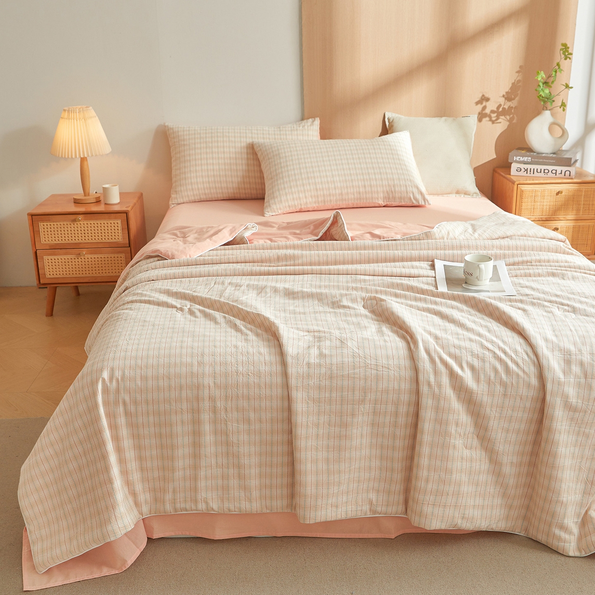 91家纺网 家纺一手货源 找家纺 金喜 2026新款A类全棉色织新疆棉夏被四件套 柠檬粉