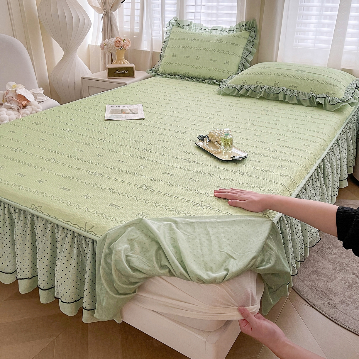 眠势力 2026新款冰豆豆床裙款床笠夏天冰凉豆豆空调席子带花边床裙床笠二合一 甜梦-清绿