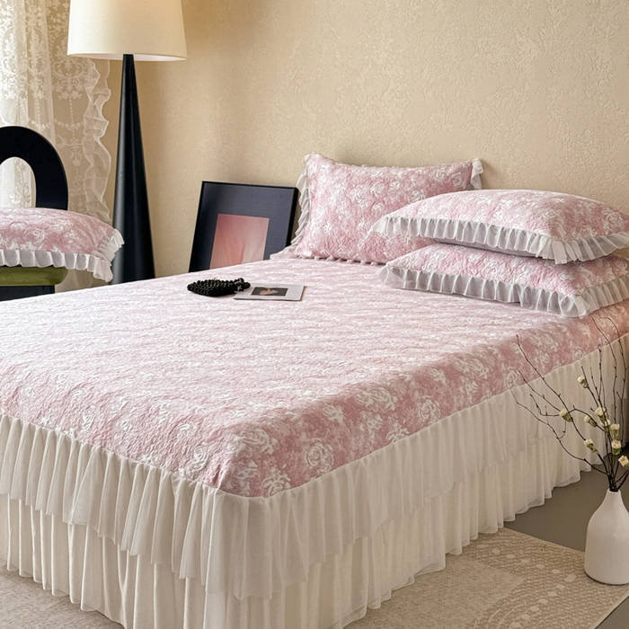 91家纺网 家纺一手货源 找家纺 懒猫家纺 2026新款凉感提花床裙款凉席洛可可系列 洛可可-粉