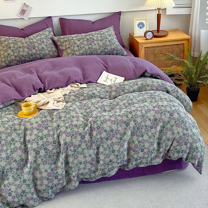 91家纺网 家纺一手货源 找家纺 春皖家纺 2026新款全棉纯棉拉链款双层纱四件套 春光灿烂