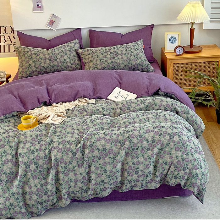 91家纺网 家纺一手货源 找家纺 春皖家纺 2026新款全棉纯棉拉链款双层纱四件套 春光灿烂