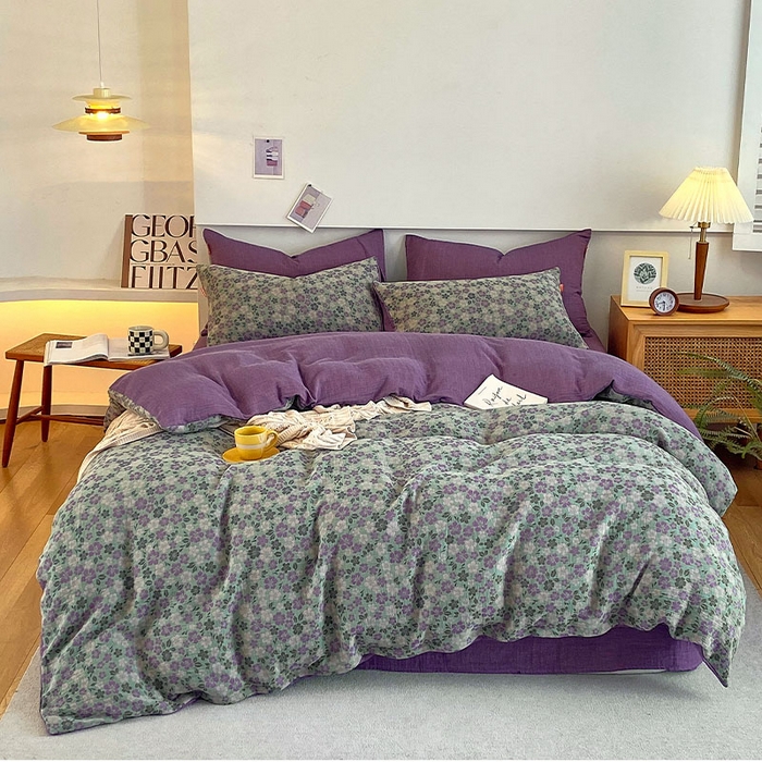 91家纺网 家纺一手货源 找家纺 春皖家纺 2026新款全棉纯棉拉链款双层纱四件套 春光灿烂