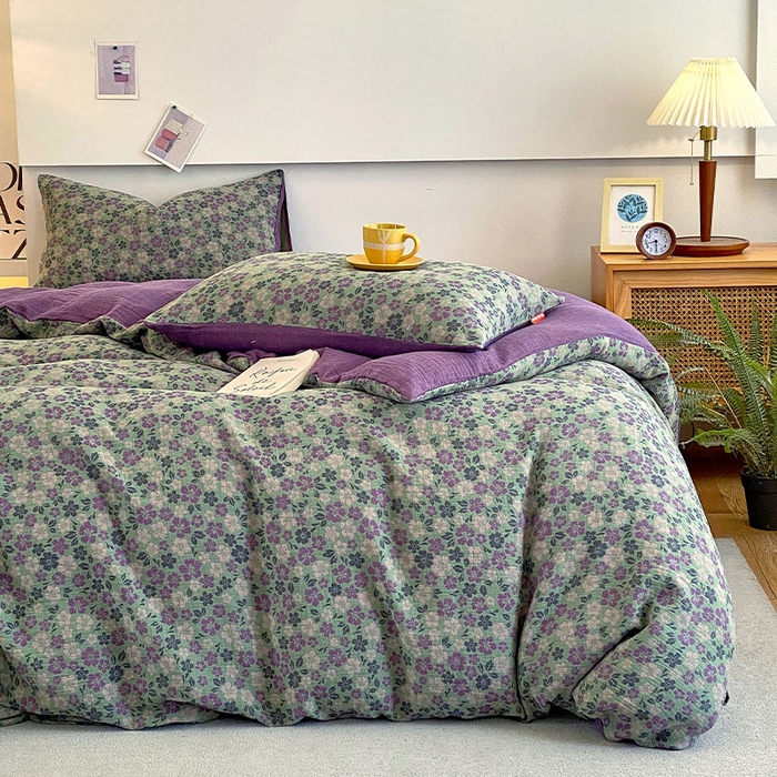 91家纺网 家纺一手货源 找家纺 春皖家纺 2026新款全棉纯棉拉链款双层纱四件套 春光灿烂