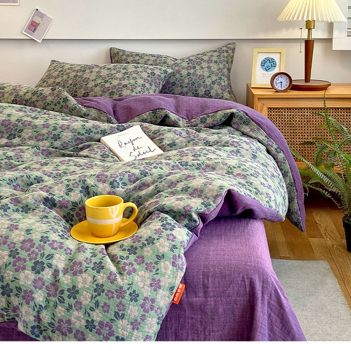 91家纺网 家纺一手货源 找家纺 春皖家纺 2026新款全棉纯棉拉链款双层纱四件套 春光灿烂