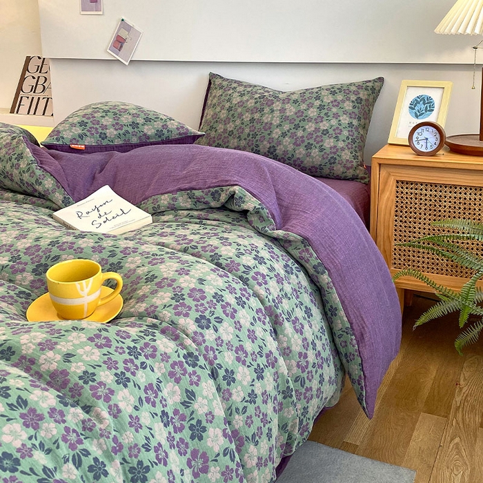 91家纺网 家纺一手货源 找家纺 春皖家纺 2026新款全棉纯棉拉链款双层纱四件套 春光灿烂