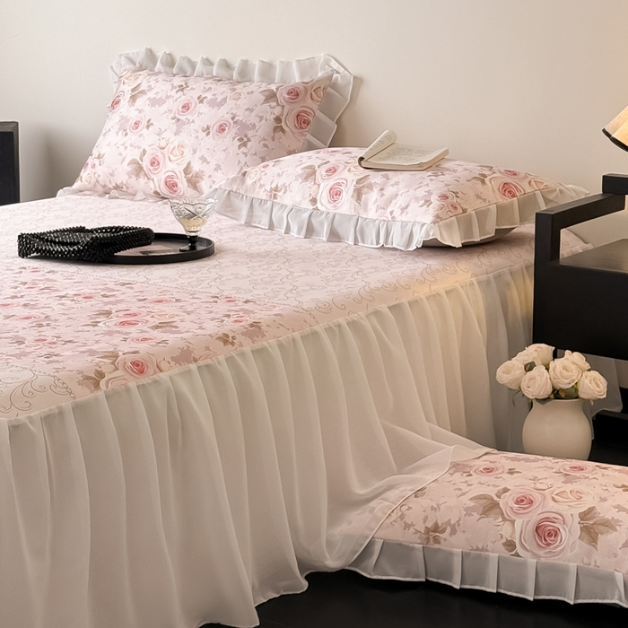 91家纺网 家纺一手货源 找家纺 懒猫家纺 2026新款高精密冰丝雪纺床裙凉席 花田