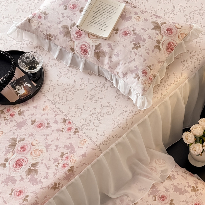 91家纺网 家纺一手货源 找家纺 懒猫家纺 2026新款高精密冰丝雪纺床裙凉席 花田