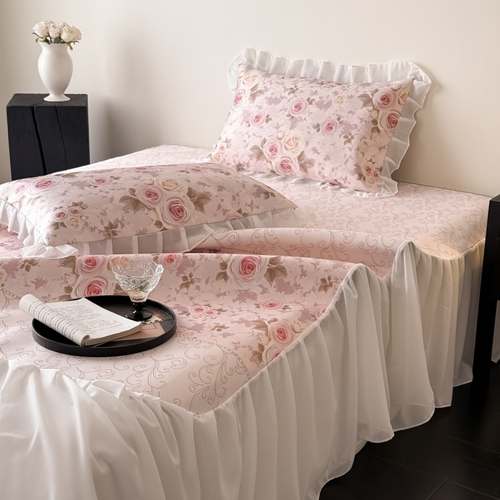 91家纺网 家纺一手货源 找家纺 懒猫家纺 2026新款高精密冰丝雪纺床裙凉席 花田