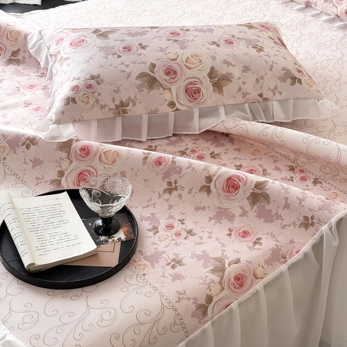 91家纺网 家纺一手货源 找家纺 懒猫家纺 2026新款高精密冰丝雪纺床裙凉席 花田