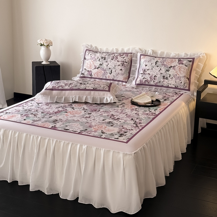 91家纺网 家纺一手货源 找家纺 懒猫家纺 2026新款高精密冰丝雪纺床裙凉席 解语花