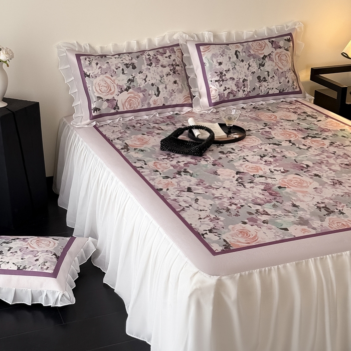 91家纺网 家纺一手货源 找家纺 懒猫家纺 2026新款高精密冰丝雪纺床裙凉席 解语花